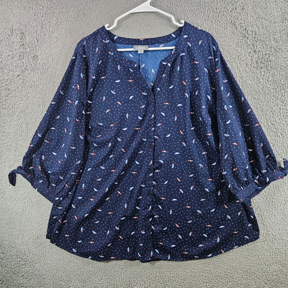 Catherines Navy Blue Umbrella Print Button Front Blouse 1X Tie Sleeve Top